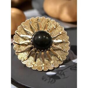 Vintage Sarah Coventry Sunburst Brooch - Black Cabochon Center
